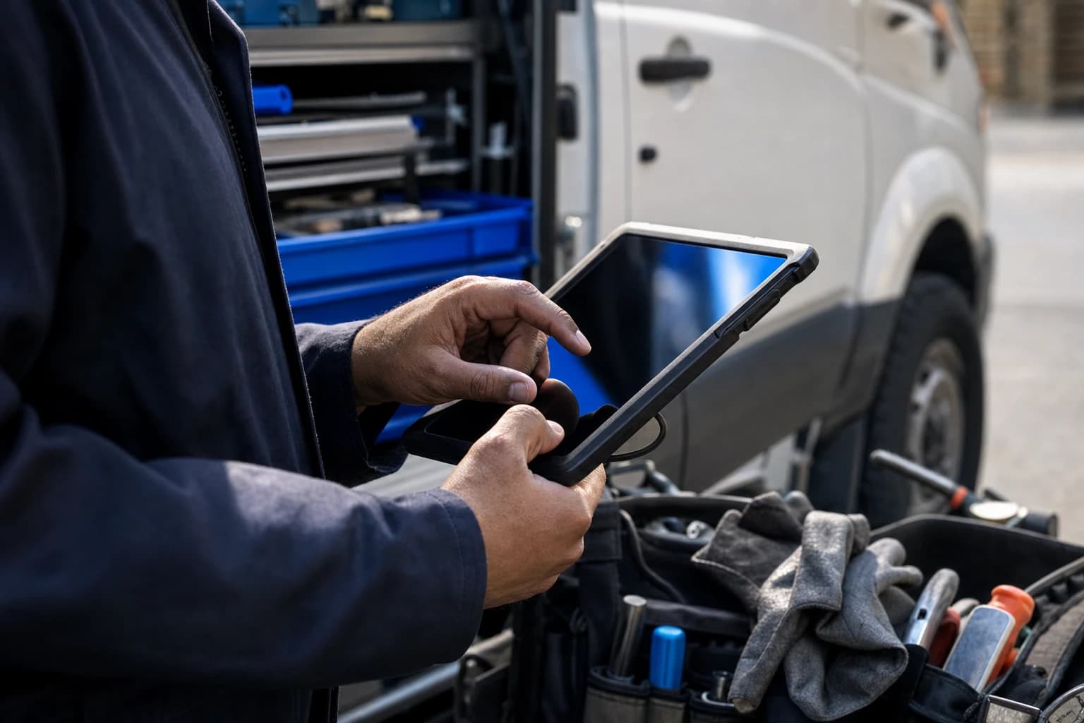 Technician holding a rugged tablet beside a service vehicle