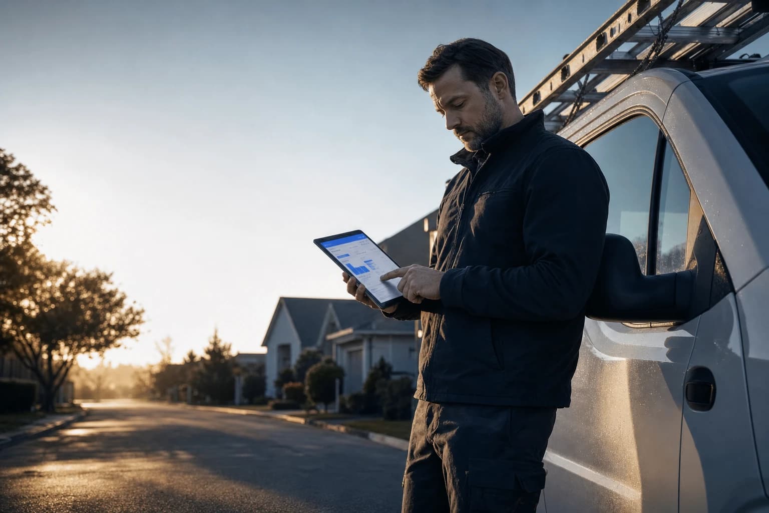Service business owner reviewing a day's work beside a service truck