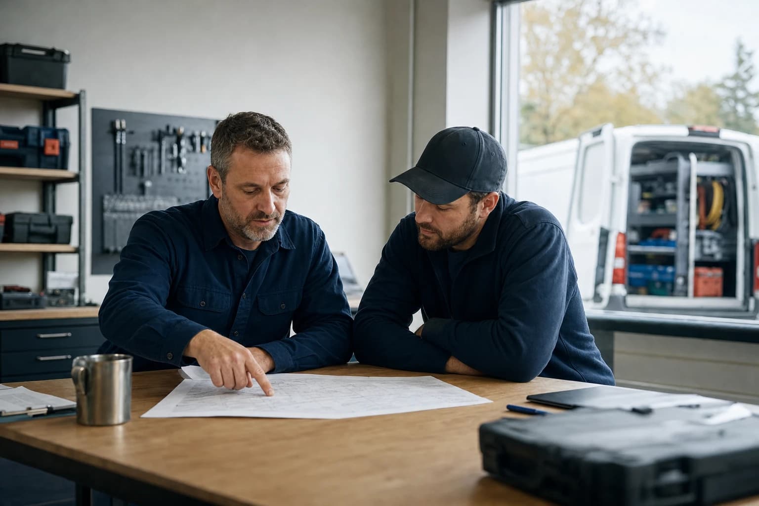 Two service business operators reviewing a job report in their workshop office